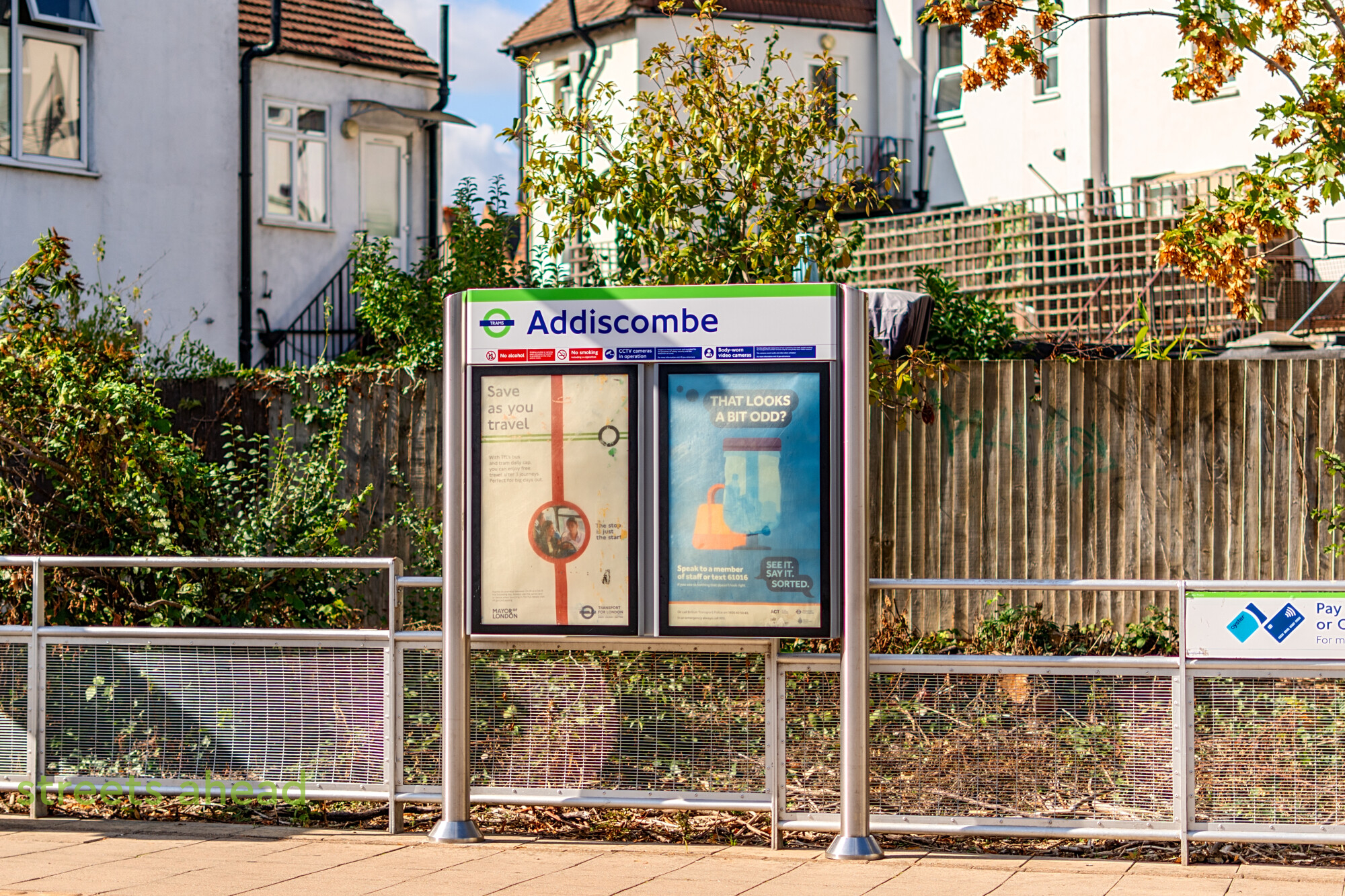 Addiscombe tram stop platform Addiscombe tram stop sign on the platform
