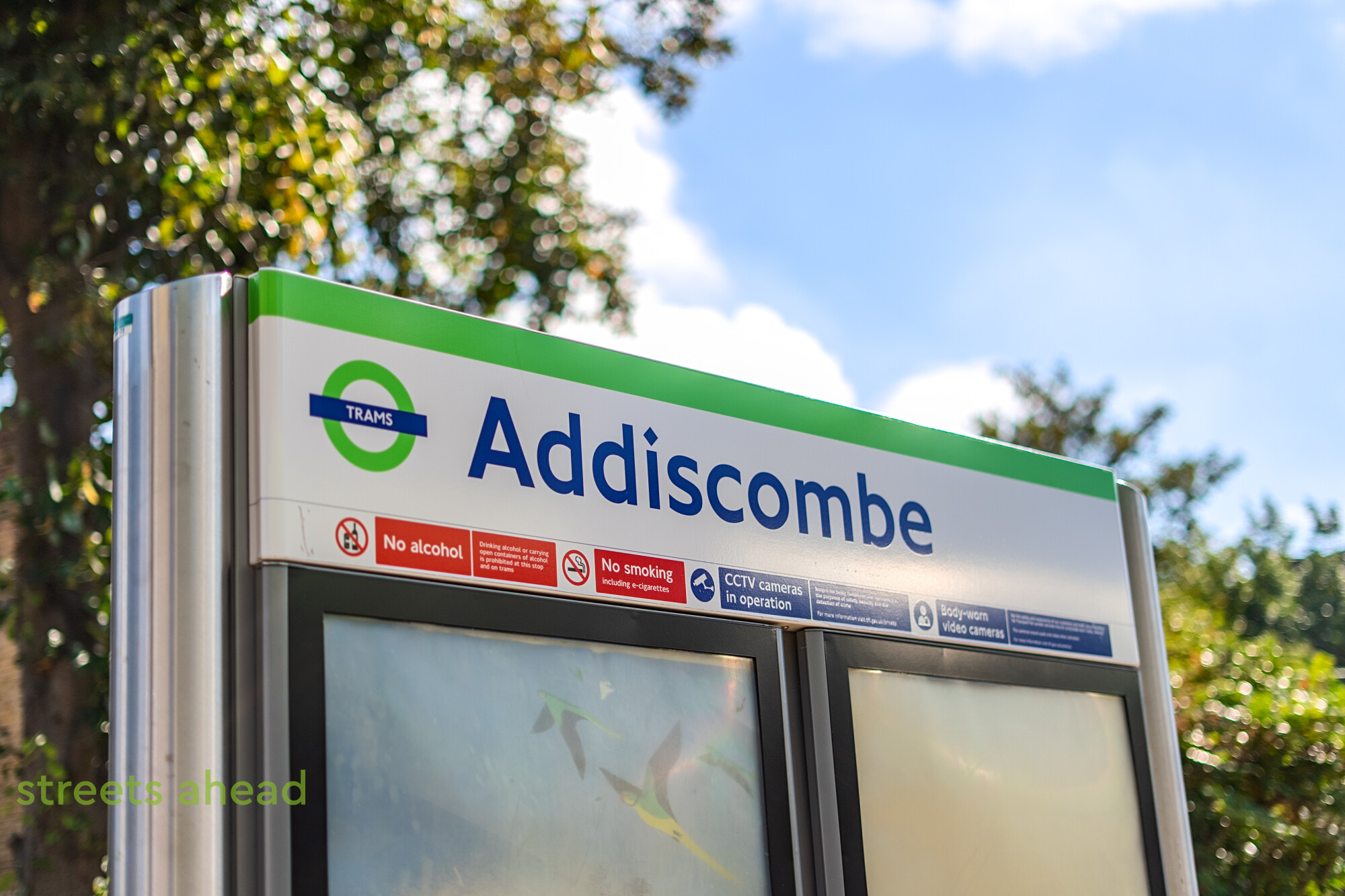 Addiscombe tram stop sign Close view of the Addiscombe tram stop sign